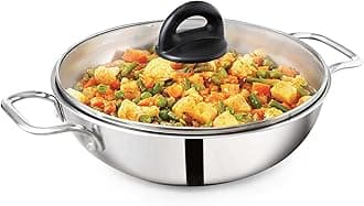 The Indus Valley Triply Stainless Steel Kadai With Glass Lid|Very Small 20.3Cm/8 Inch,1.7 Liters,1Kg|Induction Friendly|Nonstick 3-Layer Body,100% Pure&Toxin-Free,No Chemical Coating