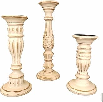Design Dynamics Handcarved Wooden, Antique Finish Candle Stand (Set of 3) DD-CS-02 (9",12" X 15"), 5" Base Dia for Home Decor and Gifting (White)