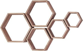 Hexagon Shelves for Wall,Hexagon Floating Shelf Set of 5,Honeycomb Shelves Octagon Hanging Cube Rustic Wood Wall Mounted for Living Room Bedroom Kitchen Bathroom Office Home Decor（Carbonized Brown）