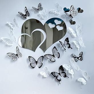 3D Crystal Butterfly and Acrylic Mirror Hearts Wall Stickers with Adhesive Art Decal Satin Paper Baby Kids Bedroom Home DIY Decor Removable Stickers (36 Butterfly and Silver Heart)