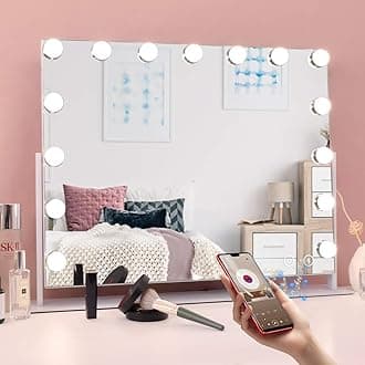 MISAVANITY Vanity Mirror with Lights and Speaker, 360 Degree Rotating Hollywood Lighted Makeup Mirror with 15 Dimmable LED Bulbs for Dressing Room and Bedroom (White)