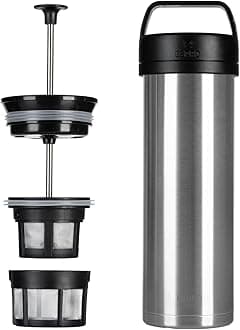 P0 Ultralight French Press Coffee Maker for Travel, Vacuum Insulated Stainless Steel, 16 Ounces, Brushed Stainless Steel