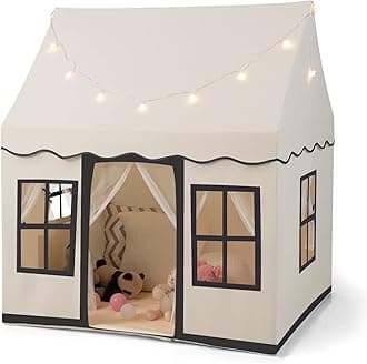 Kids Play Tent, Indoor Large Playhouse with Star Lights, Non-slip Mat and Windows, Castle Fairy Tents for Children Boys & Girls Gift (Beige+Black)