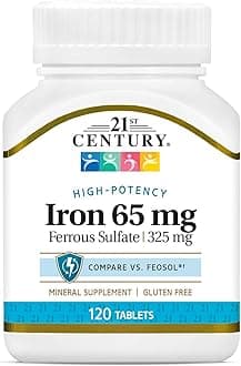 21st Century Slow-Release Iron Supplement, (120 Count), High Potency Vegan Iron Tablets with 325 mg Ferrous Sulfate, Gluten Free Dietary Supplement for Adults, No Added Yeast or Artificial Flavors