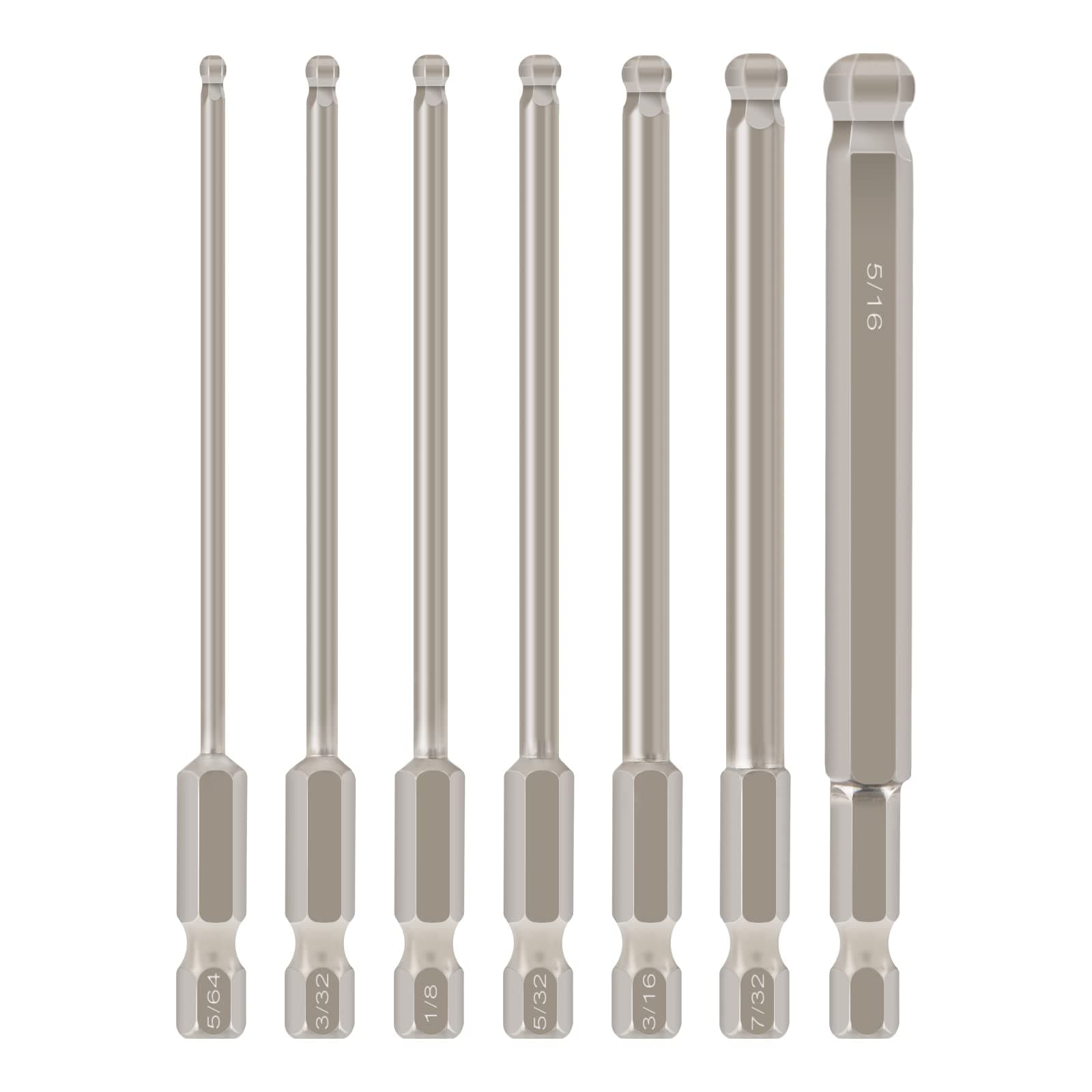 7pcs SAE Ball End Hex Screwdriver Bit Set Hex Head Allen Wrench Drill Bit Set 5/64-5/16 Inch Magnetic 1/4 Inch Hex Shank 100mm Long