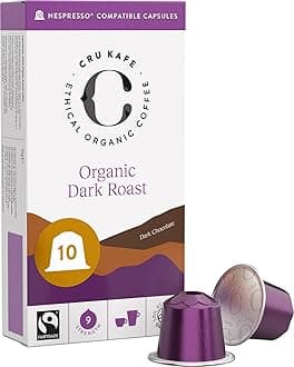Cru Kafe Dark Roast USDA Organic Espresso Coffee Capsules (10 Pods) Fairtrade Coffee Pods Compatible with Nespresso Original Line and Pixie Machines