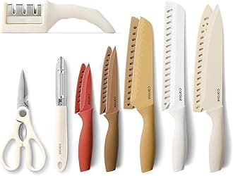 CAROTE 13 Pieces Kitchen Knife Set, Stainless Steel Knife Set With Nonstick Ceramic Surface, Kitchen Shears, Sharpener, Peeler, Dishwasher Safe with 5 Blade Guards, Rustproof