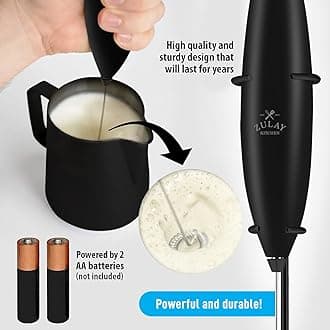 Zulay Premium Gift Milk Frother Set – Handheld Coffee Frother with Stand, 12oz/350ml Frothing Pitcher + 4 Latte Art Stencils – 13,000 RPM Motor, SS Whisk, Battery Operated – Barista Kit (Exec Black)