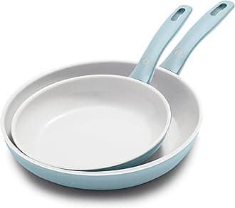 GreenPan Dover 8” and 10” 2 Piece Frying Pan Skillet Set, Non-Toxic PFAS-Free Ceramic Nonstick Coating, Sear Saute Fry Egg Omlete, Dishwasher & Oven Safe, Stay Cool Handle, Easy Pour Rims, Blue Haze