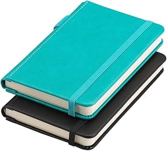 RETTACYPocket Notebook, 2-Pack, A6 Mini Lined Journal Notebook with 160 Numbered Pages per Pack, 3.5" × 5.5" Small Size, Notepad for Work, Leather Hardcover, 100 GSM Thick Paper (Black & Cyan)