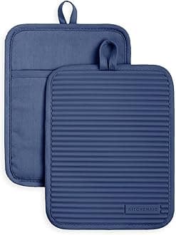 KitchenAid Ribbed Soft Silicone Pot Holder Set, Blue Willow 7"x9"