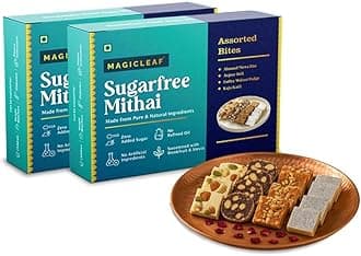 Magic Leaf Sugar Free Dessert Combo - 500 gm (Pack of 2, 250 gm Each), Kaju Katli, Coffee Walnut Fudge, Almond Mewa Bite & Anjeer Roll | Freshly Made Mithai Box, Sweetened with Stevia, No Refined Oil