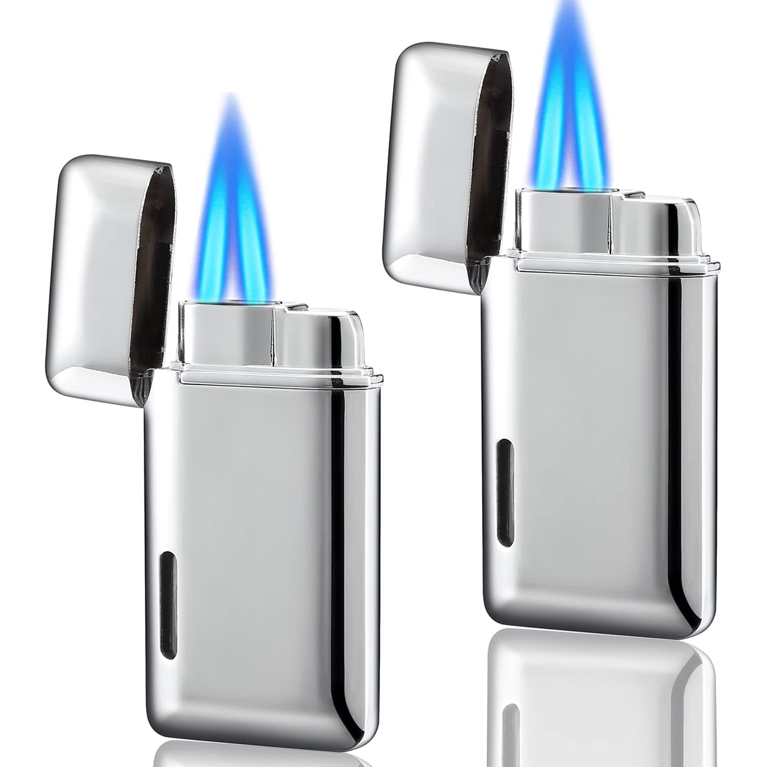 2 Pack Mini Torch Lighter Butane Refillable, Double Flame Butane Lighter with Visible Window, Adjustable Jet Lighter, Great Gifts for Men and Women, Without Gas (Silver)