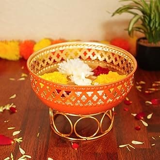 Orange Urli Bowl with Stand for Home Decor & Table Decoration | Floating Flowers, Tealight Candles Water Bowl for Diwali Pooja & Other Festivals | Gift for Various Occasions