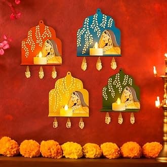 CraftVatika Diwali Decoration Items LED Jharokha Diya Set of 4, Diwali Decor Items, LED Candles Wall Hanging Decorations, DIY Craft Traditional Wooden Jharokha Wall Decor for Living Room Festive Gift