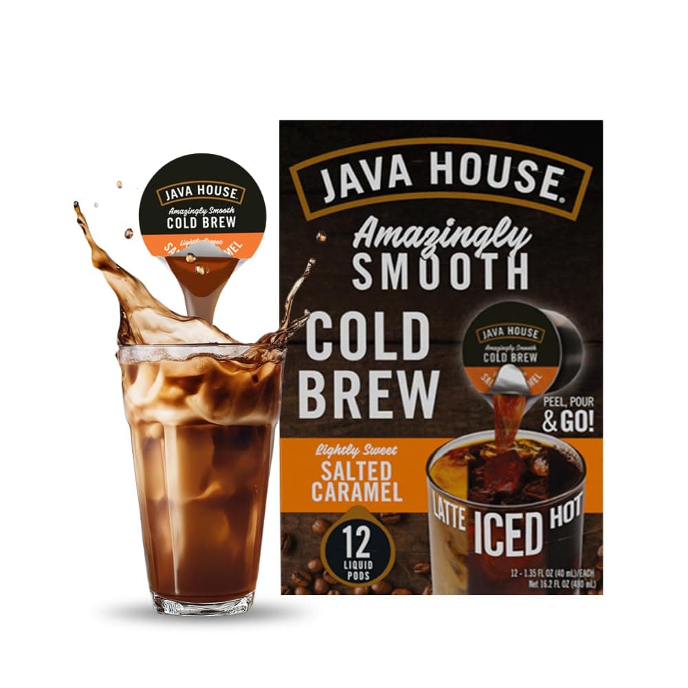 Java House Cold Brew Coffee, Salted Caramel Lightly Sweet Medium Roast Coffee Concentrate Liquid Pods - 1.35 Fluid Oz (Pack of 12) Enjoy Hot or Chilled