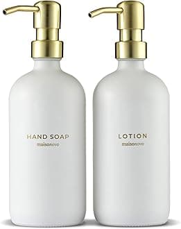 MAISONOVOBathroom Soap and Lotion Dispenser Set of 2, 500ml White Glass Soap Dispenser Golden Pumps With Labels