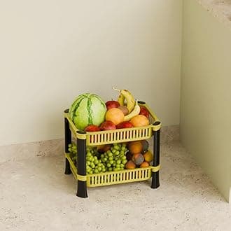Multipurpose Plastic Storage Rack for Kitchen, Onion Potato Sabji, Fruit Corner Storage Stand Basket, Folding Rack, Countertop Kitchen Organizer Cart, Trolley Rack (2 Layer, Banana Yellow)