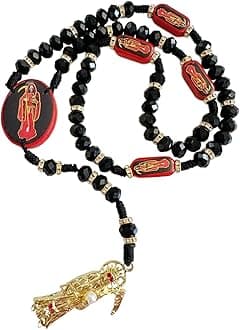 Black Holy Death's Necklace Wooden Santa Muerte Necklace Red Rosaries Beads Blessing Crafted Rosario de la santa muerte Prayer Gift For Women Men