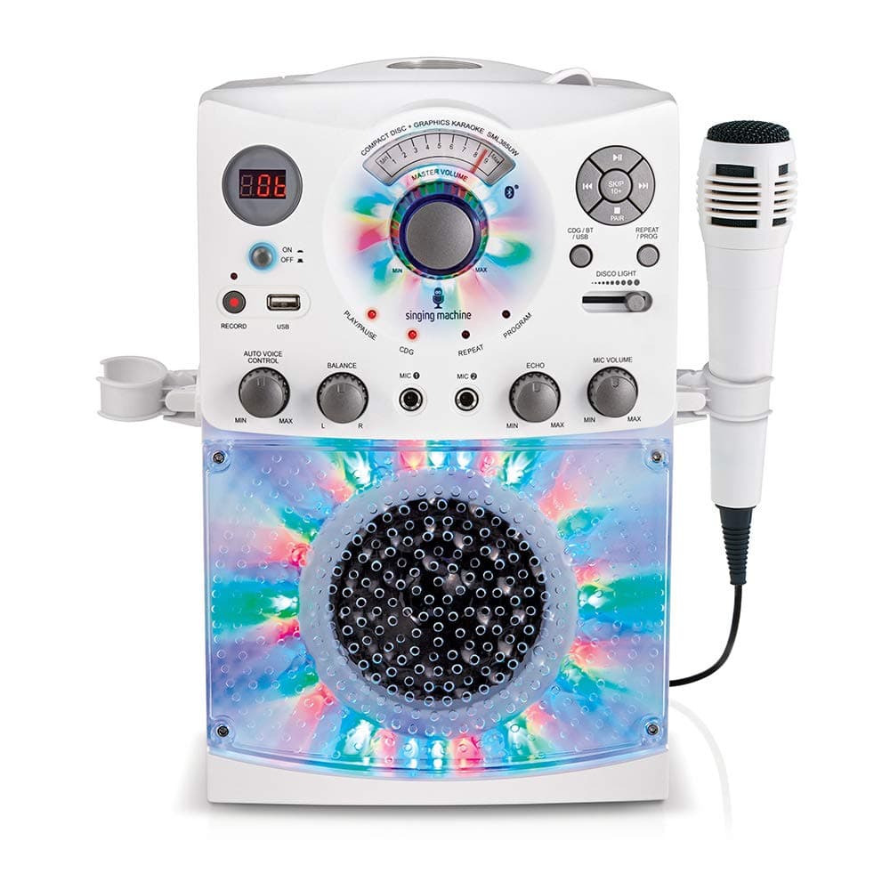 Singing Machine Bluetooth Karaoke System with LED Disco Lights USB and Microphone Portable, White, Apple (SML385BTW)