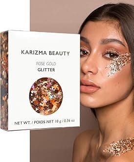 KARIZMA Rose Gold Chunky Glitter 10g - Face, Hair, Eye and Body Glitter for Women - Rave and Festival Accessories, Cosmetic Makeup - Loose Set