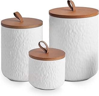 JOJUNO White Ceramic Canister Set with Wooden Lid, 3-Piece Airtight Food Stor...