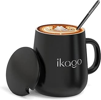 Ceramic Coffee Mug Set, 15oz Mugs with Lid and Spoon, Black Coffee Mug, Matching Mug lid, Novelty Laser Engraving Pattern, Best Gift for Coffee, Tea, Cocoa Lovers