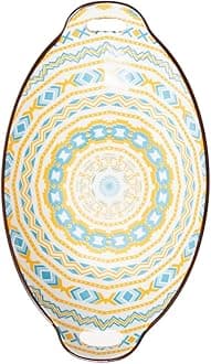 Nestasia Blue & Yellow Mandala Ceramic Long Dish with Handles for Serving Snacks, Appetizers, Salads, and Noodles| Microwave Safe, Dishwasher Safe (10.8 Inch)