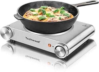 Techwood Hot Plate Electric Burner Single Burner Cast Iron Heating Plate Portable Burner Infrared Ceramic Burner 1200W With Adjustable Temperature Control Non-Slip Rubber Feet Bright Silver