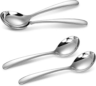 Premium 7.3 Inches Soup Spoons with Hook Handle, Set of 4, 18/10 Stainless Steel, Deep Bowl, Perfect for Ramen, Pho, Miso, Dumplings, Noodles, Wonton, Dishwasher Safe (Round-Handle)