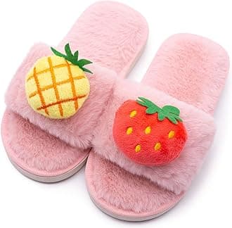 techcity Boys Girls Fuzzy House Slippers Cute Comfy Faux Fur Slip On Fluffy Plush Open Toe Home Slides for Kids Indoor Outdoor Warm Shoes