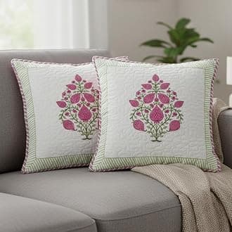 HOMEMONDE Premium Cotton Cushion Covers Set of 2 - Soft Floral Hand Block Print Living Room 16 x 16 Inch Pillow Cases, Pink