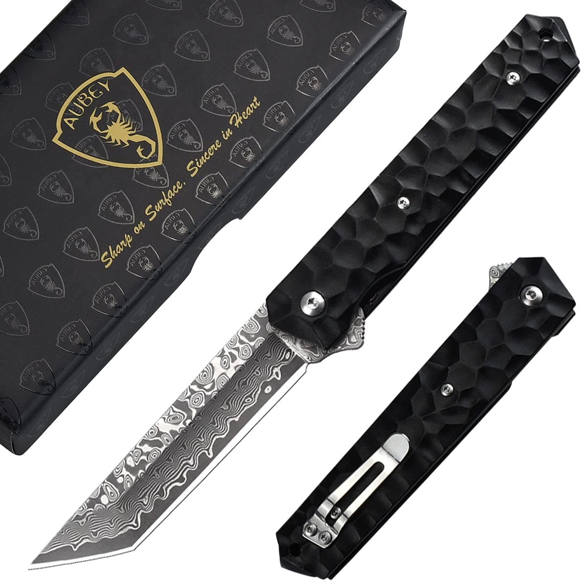 Damascus Pocket Knife, Tanto VG10 Core Damascus Steel Folding Knives with Ball Bearing, Aluminum Alloy Non-Slip Handle and Glass Breaker, EDC Damascus Knife for Men Women (Black)