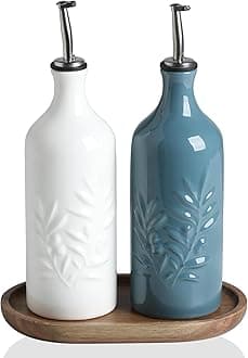 Sweejar Ceramic Olive Oil Dispenser Bottle, 20 Oz Relief Opaque Oil Cruet Protects To Reduce Oxidation, Suitable for Storage Vinegar, Soy Sauce,Liquids,Set of 2 (White Fog Blue)