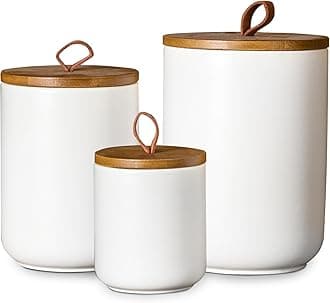 White Ceramic Canister Set with Wooden Lid, 3-Piece Airtight Food Storage Jars for Kitchen Counter - Flour, Sugar, Coffee, Tea, Spice - Small, Medium, Large Sizes