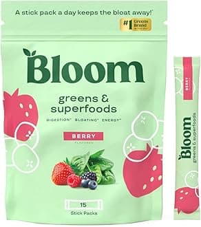 Bloom NutritionSuperfood Greens Powder Stick Packs, Digestive Enzymes with Probiotics and Prebiotics, Gut Health, Bloating Relief for Women, Chlorella, Green Juice Mix, 15 SVG, Berry