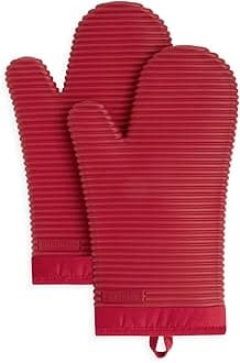 Kitchenaid Ribbed Soft Silicone Oven Mitt Set, 7"x13", Passion Red