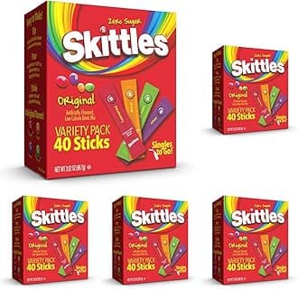 Skittles Singles To Go Variety Pack, 40 Count, Powdered Drink Mix, Zero Sugar, Low Calorie, Includes 4 Flavors: Green Apple, Strawberry, Grape, Orange, 40 Total Servings (Pack of 5)