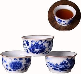 Chinese Handmade Kungfu Tea Cup 60 ml,Bone China Blue and White Tea Cups Set of 3,Ceramic Tea Mugs Without Handles,Best Gift