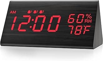 Digital Alarm Clock, with Wooden Electronic LED Time Display, 3 Alarm Settings, Humidity & Temperature Detect, Wood Made Electric Clocks for Bedroom, Bedside, Red Digit Display