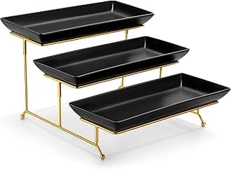 MALACASA 3 Tier Serving Trays for Party, 14 Inch Porcelain Black Trays for Serving Food, Dessert Stand with Collapsible Gold Metal Rack