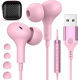 USB Headphones with Microphone for Laptop,7.5ft Magnetic Wired Earbuds Noise Canceling in-Ear Earphones with Mute Mic Volume Control Stereo Bass for PC Desktop Dell HP Acer Laptop,School,Women/Girl