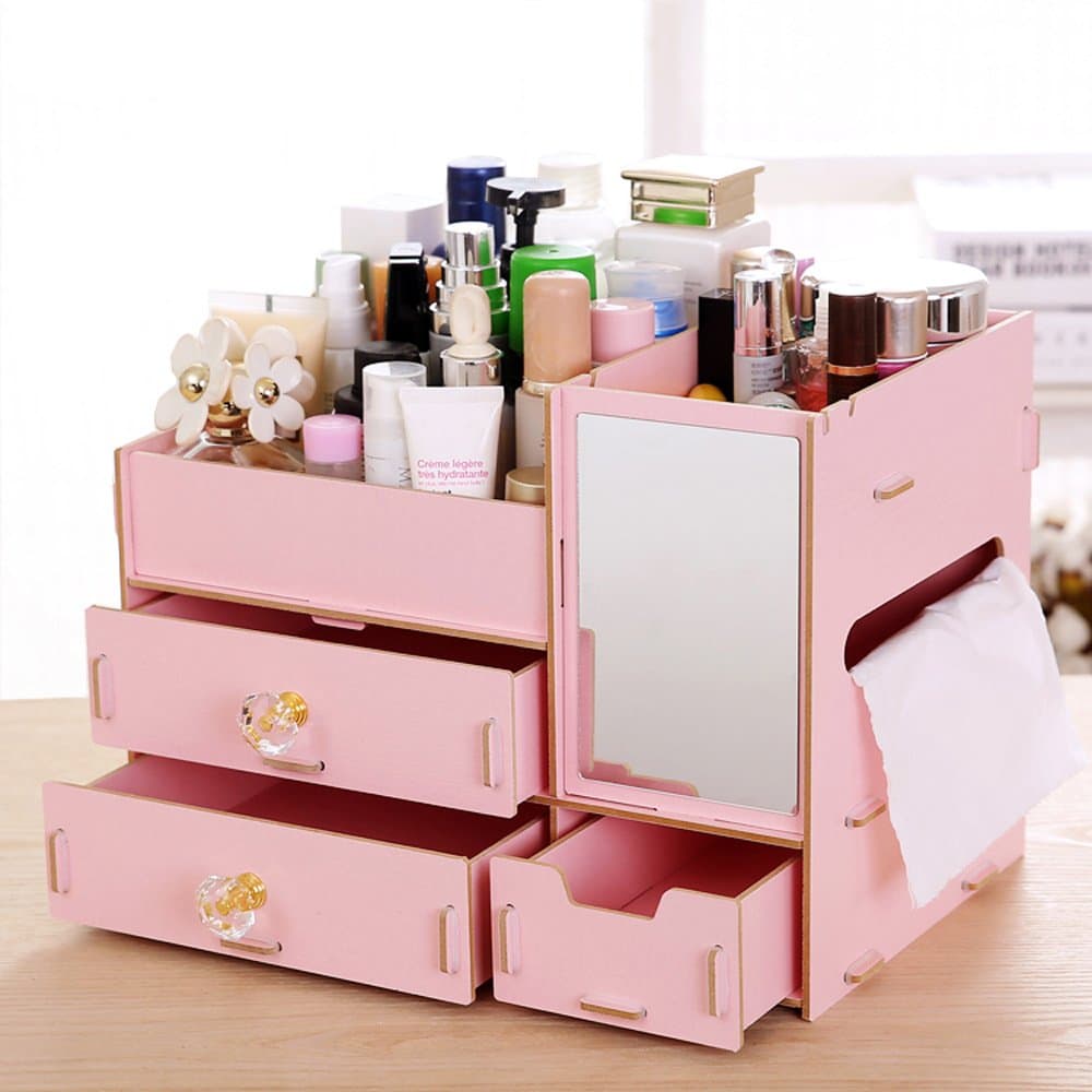 EveryGo1 DIY Creative Ctorage Box Explosion Paragraph Makeup Box Storage Box Wooden Cosmetics Storage Box (Pink)