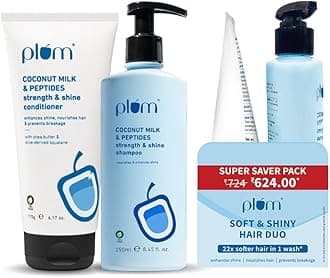 Plum Coconut Milk & Peptides Shampoo 250ml & Conditioner 175g Combo for Dry & Frizzy Hair | 22X Softer, Hydrated, & Smooth Hair | SLS & Paraben Free, pH Balanced Shampoo & Conditioner for Women & Men