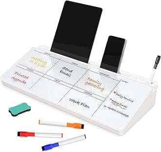 DOLLAR BOSS Glass Desk Whiteboard Calendar Small Dry Erase Board Desktop White Board with Storage Drawer Computer Keyboard Stand Desk Organizer, Weekly Calendar, White