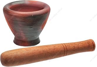 Thai & Laos Kruk Grinding Earthenware Clay Mortar with Palm Wooden Pestle, 6.25 Inches