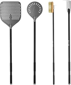 G.a HOMEFAVOR 4-Piece Pizza Tool Set - 12" × 15" Perforated Aluminum Pizza Peel, 9" Round Turning Peel, Pizza Oven Cleaning Brush, Ash Rake, Pizza Oven Accessories, Pizza Kit for Pizza Lover