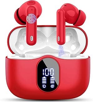 Wireless Earbuds, Bluetooth 5.4 Headphones In Ear with 4 ENC Mic, 2025 New Wireless Earphones Noise Cancelling Deep Bass, LED Display, Bluetooth Earbuds 36H Playtime, IP7 Waterproof Ear buds USB-C Red