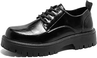 Men's Leather Platform Oxfords - Round Toe Lace Up Lug Sole Non-Slip Derby Shoes - Chunky Heel Heightening Work Business Dress Shoes
