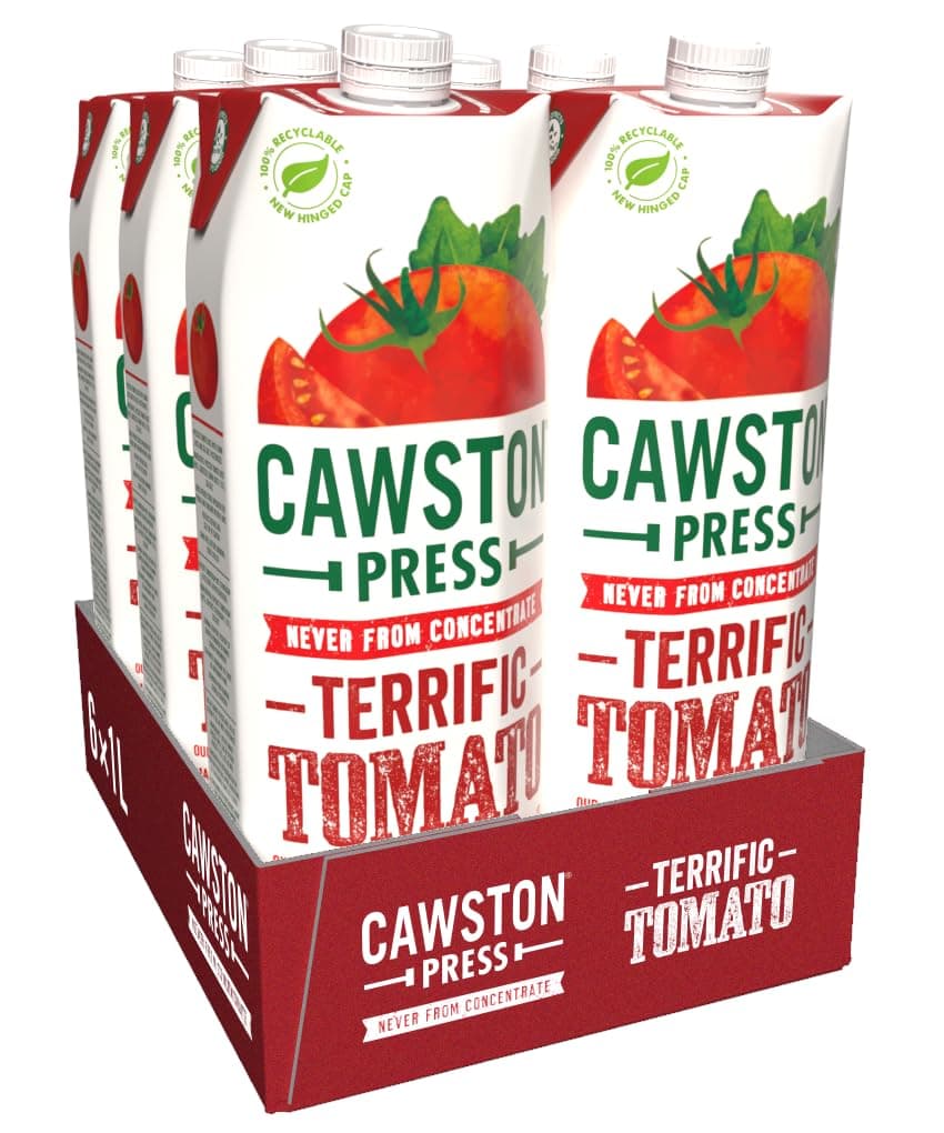 Cawston Press Tomato Pressed Juice - 1 Litre Pack of Juice Cartons All Natural – Vegan – No Added Sugar - Blended with a Squeeze of Lemon (Pack of 6)